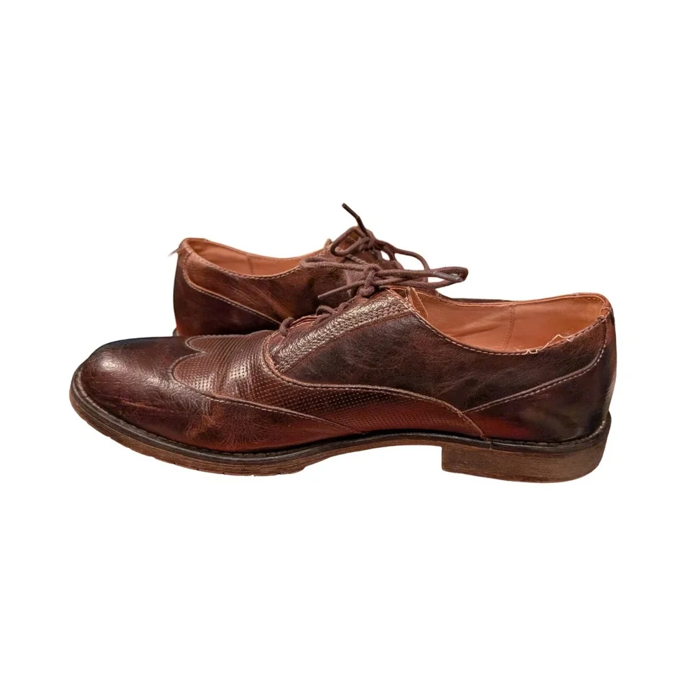 Bed Stu Mens Brown Distressed Leather Wingtip Oxford Shoes‎ Lug Sole Size 10